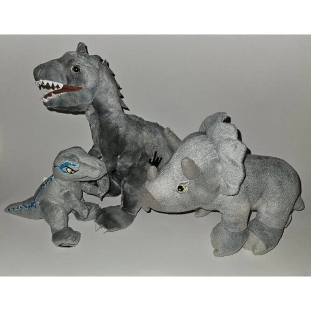 3 Jurassic World Gray Dinosaurs Plush Lot Triceratops T-Rex Blue Stuffed Toys